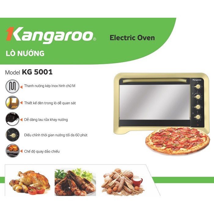 Lò nướng Kangaroo KG5001 50L, Kích thước 622x447x422mm, Inox, Kính chịu nhiệt 2 lớp