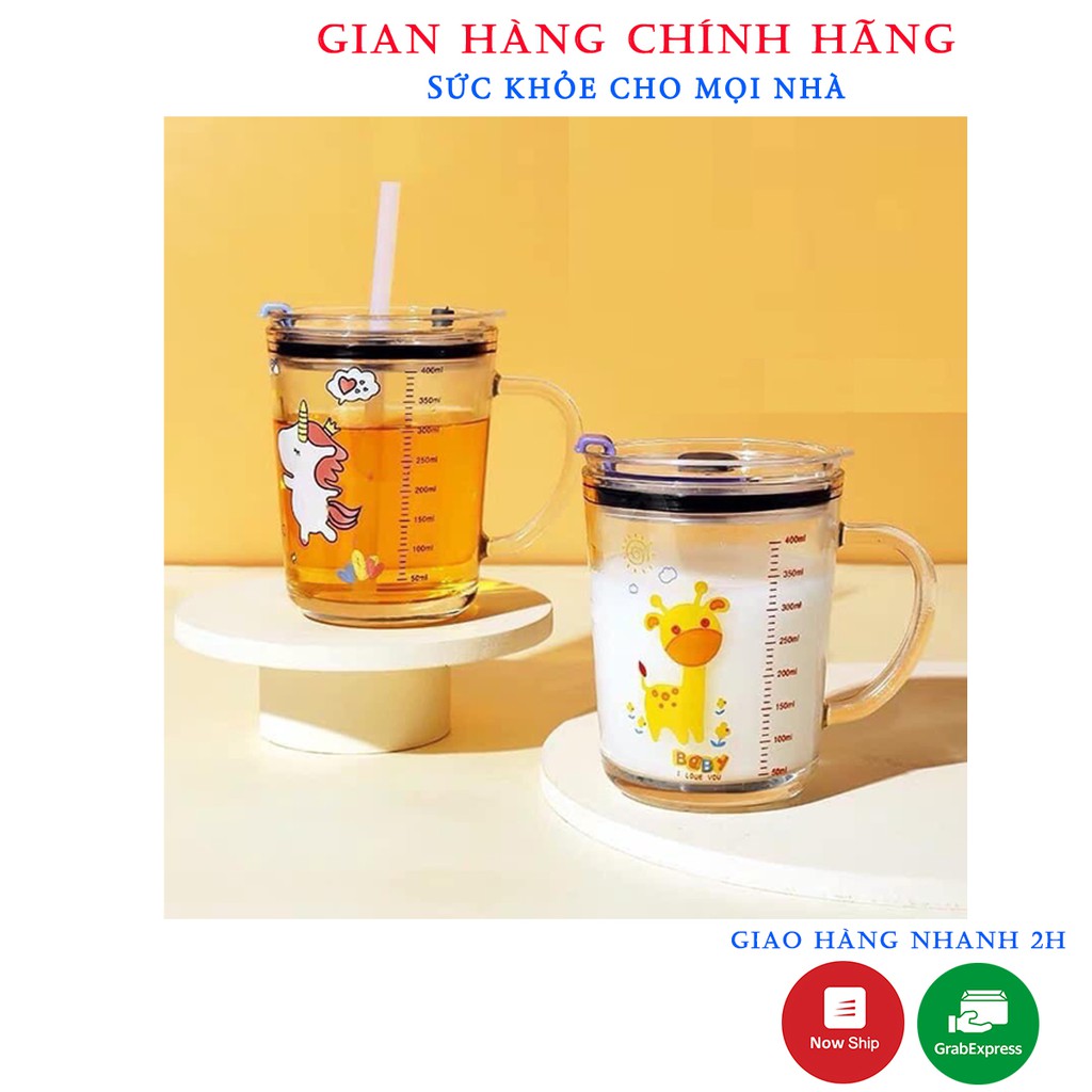 Cốc Thủy Tinh Chia Vạch ml Tiện Dụng Pha Sữa Cho Bé.Loại Có Ống Hút,Nắp Đậy Kín