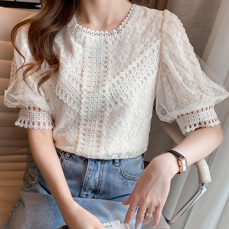 Áo Chiffon Tay Ngắn Phồng Phối Ren Phong Cách Hàn Quốc Mẫu Mới 2021 Thời Trang Mùa Hè Cho Nữ