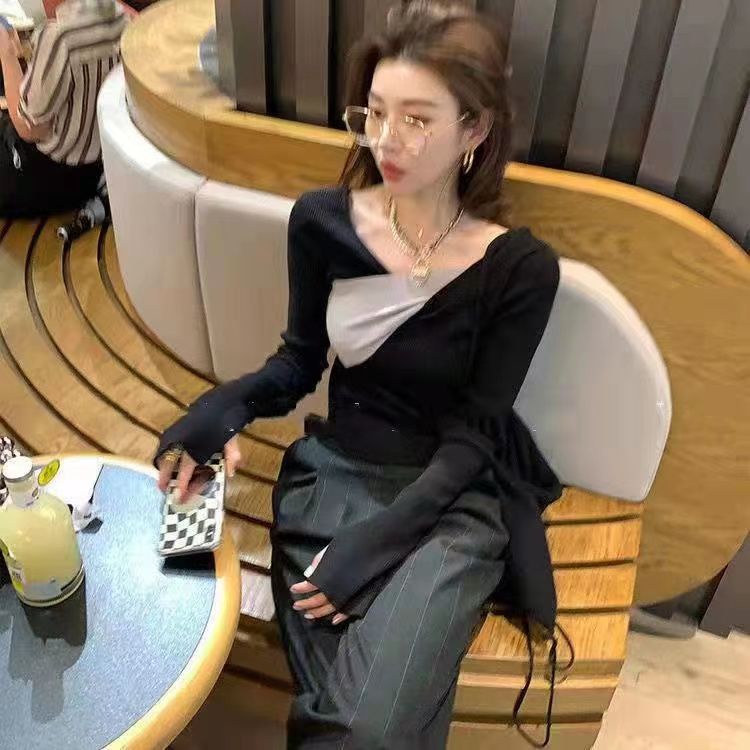 Áo Sweater Tay Dài Vạt Chéo Màu Tương Phản Độc Đáo Thời Trang 2022 Cho Nữ