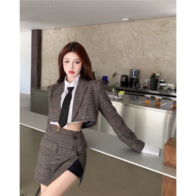 TKLIHN Set váy VEST kẻ Caro ulzzang Áo khoác BLAZER croptop kẻ caro RETRO + chân váy chữ A vạt chéo 2021 | BigBuy360 - bigbuy360.vn