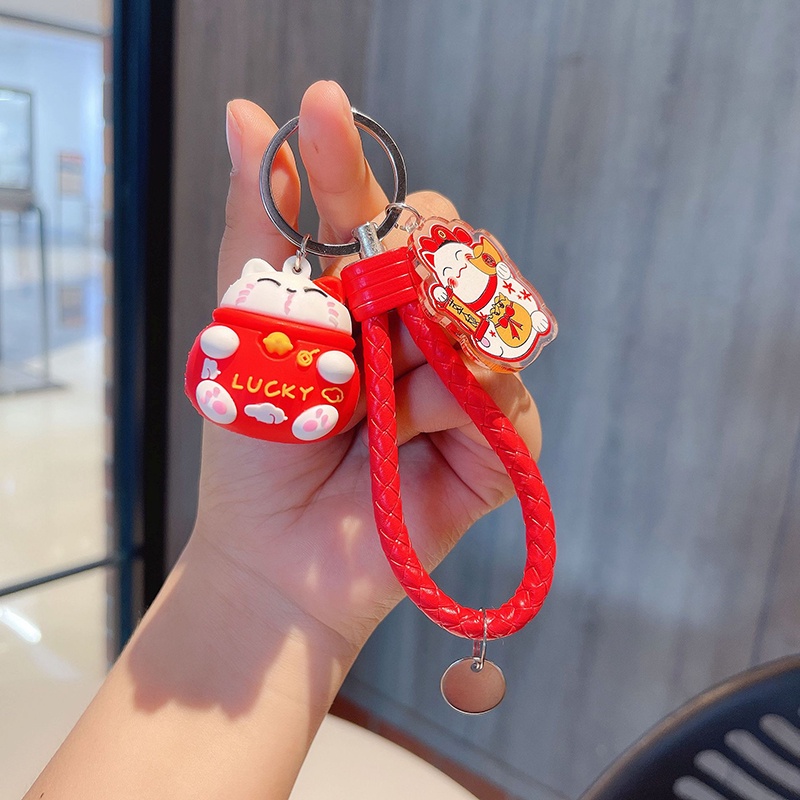 Móc khoá Mèo chiêu tài kèm dây đeo tay và sticker may mắn