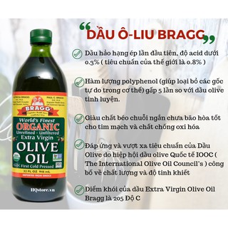Dầu oliu hữu cơ Bragg 2 size| Ép lần đầu tiên| Giống Olive cổ