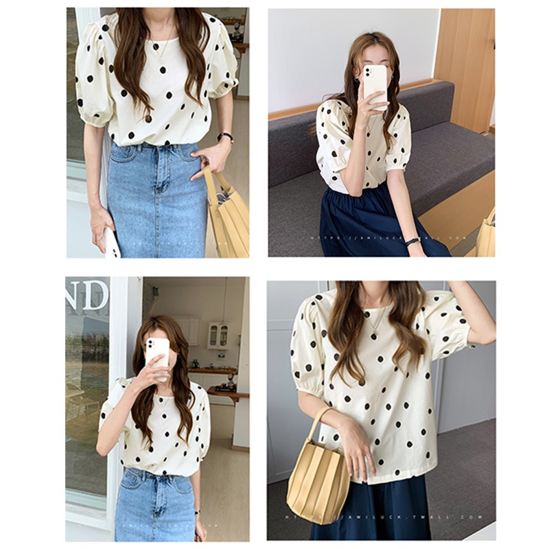 Áo Chiffon Tay Lỡ Cổ Tròn Họa Tiết Chấm Bi Phong Cách Pháp Cổ Điển Thời Trang Mùa Hè Cho Nữ