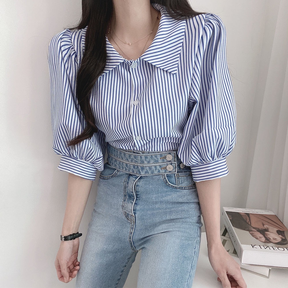 Áo Sơ Mi Tay Ngắn Kẻ Sọc Thời Trang Hè 2021 Cho Nữ
