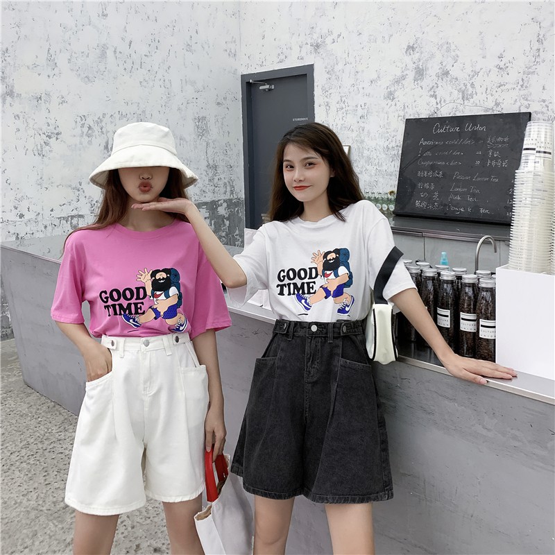 Xiaozhainv Quần ngắn denim lưng cao ống rộng thời trang Hàn Quốc cho nữ