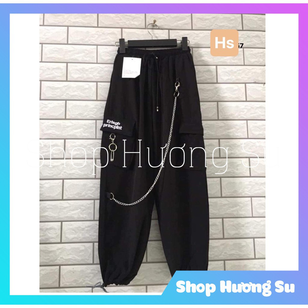 Unisex Quần Jogger Nam Nữ Túi Hộp Nắp Thêu Phối Dây Xích Vải Kaki Cao Cấp-HươngSu (8-Qan-TuiOp)