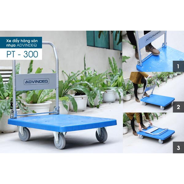 Xe đẩy hàng 4 bánh sàn nhựa chịu lực ADVINDEQ PT-300 (tải trọng chở 300kg,tay gấp gọn) bánh xe cao su đường kính 125mm