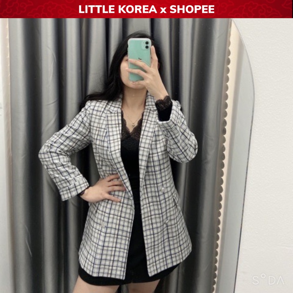 Áo Khoác Dạ Nữ, Áo Blazer Nữ 2 Lớp Dáng Dài Kẻ Caro STRA Xuất Dư - LITTLE KOREA