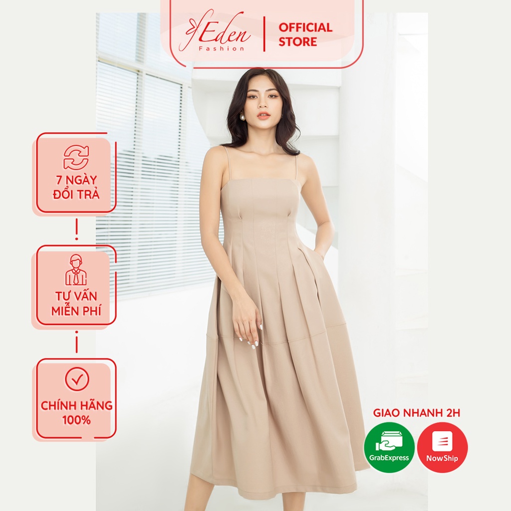 Đầm xòe hai dây xếp li eo 2 lớp thiết kế thời trang Eden dáng dài dây kéo sau lưng có lót túi  - D469