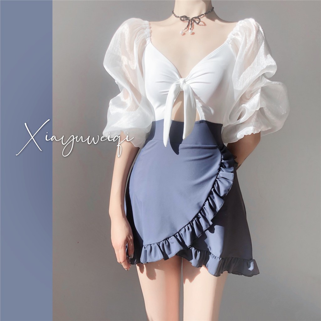 bộ đồ nữ[Xia Yuweiqi] Áo tắm nữ một mảnh, che bụng, váy giữa tay bồng, suối nước nóng gợi cảm | BigBuy360 - bigbuy360.vn
