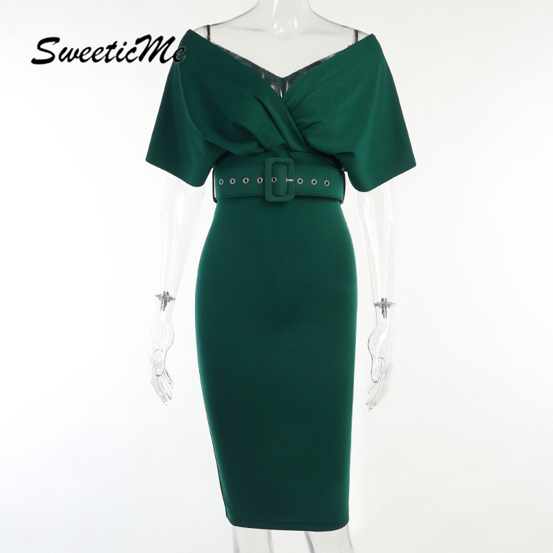 Đầm Sweeticme   Eo Cao Trễ Vai Phối Thắt Lưng Thời Trang