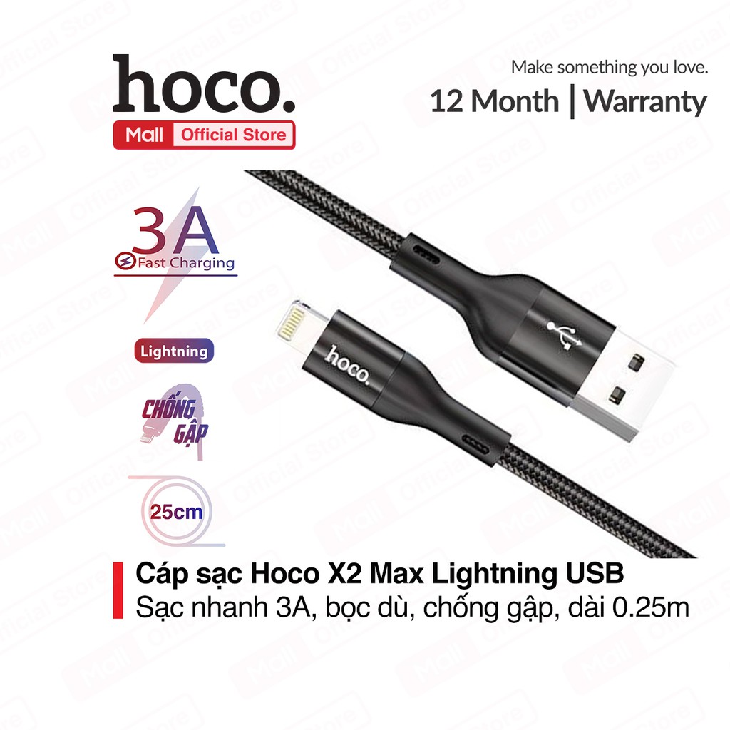 Cáp sạc nhanh Hoco X2 Max Lightning USB, sạc nhanh 3A và data tốc độ cao, dây dù, bọc sạc chống đứt cho IOS dài 25cm