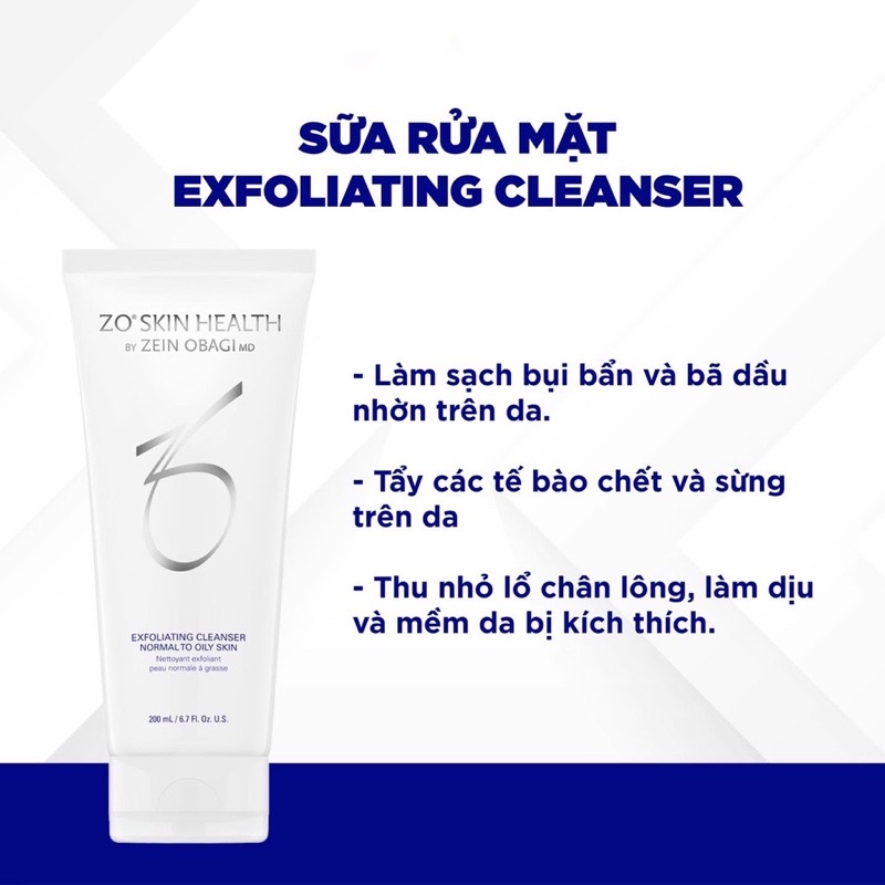 (Chính Hãng) Sữa rửa mặt Zo Skin Health Exfoliating Cleanser Normal to Oily Skin cho da thường và da thiên dầu 200ml