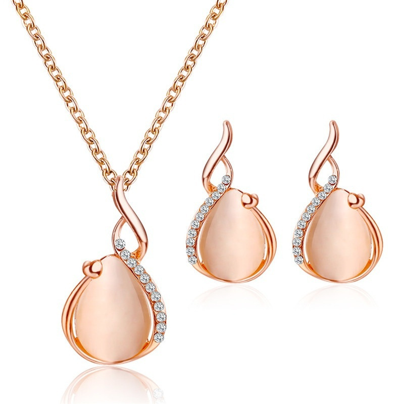 Bộ vòng cổ + Bông Tai Mạ Vàng Hồng Đính Đá Opal Sang Trọng