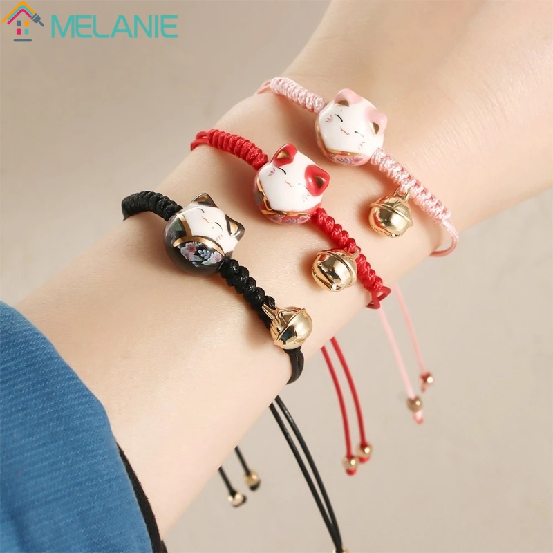 Vòng Tay Dây Bện Đính Chuông / Mèo May Mắn Nhiều Màu Tùy Chọn Handmade Dễ Thương Cho Nữ