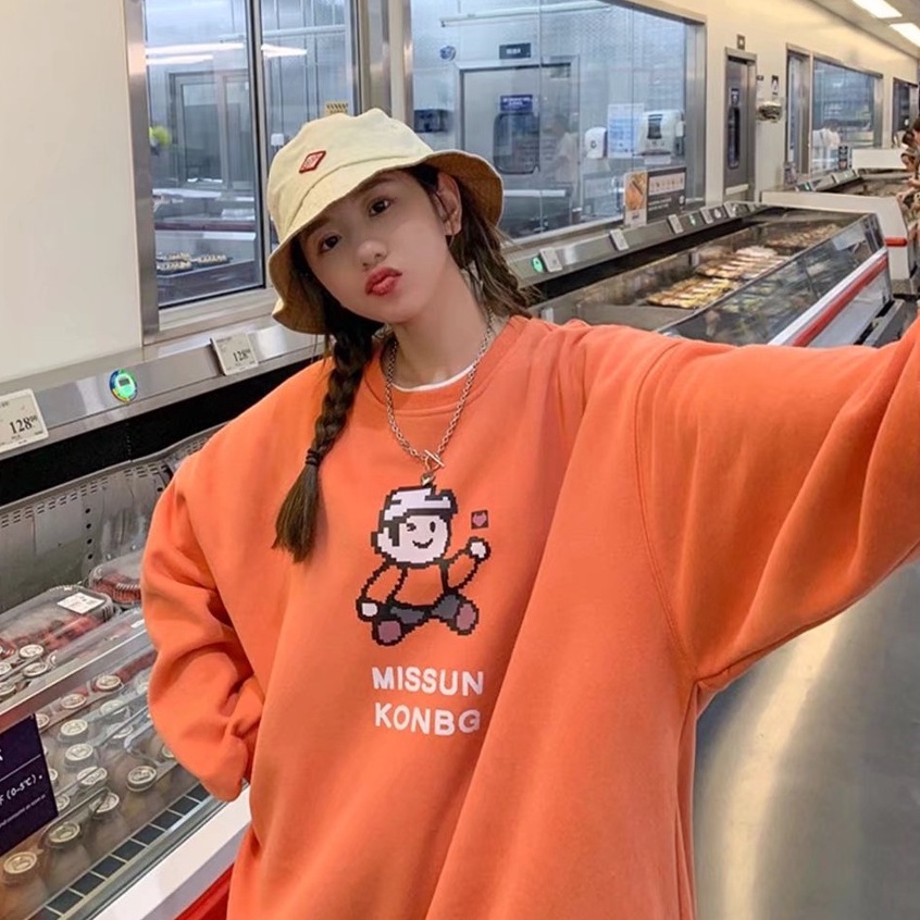 Áo Sweater lót nhung cổ tròn dáng rộng in họa tiết thời trang Hàn Quốc cho cặp đôi