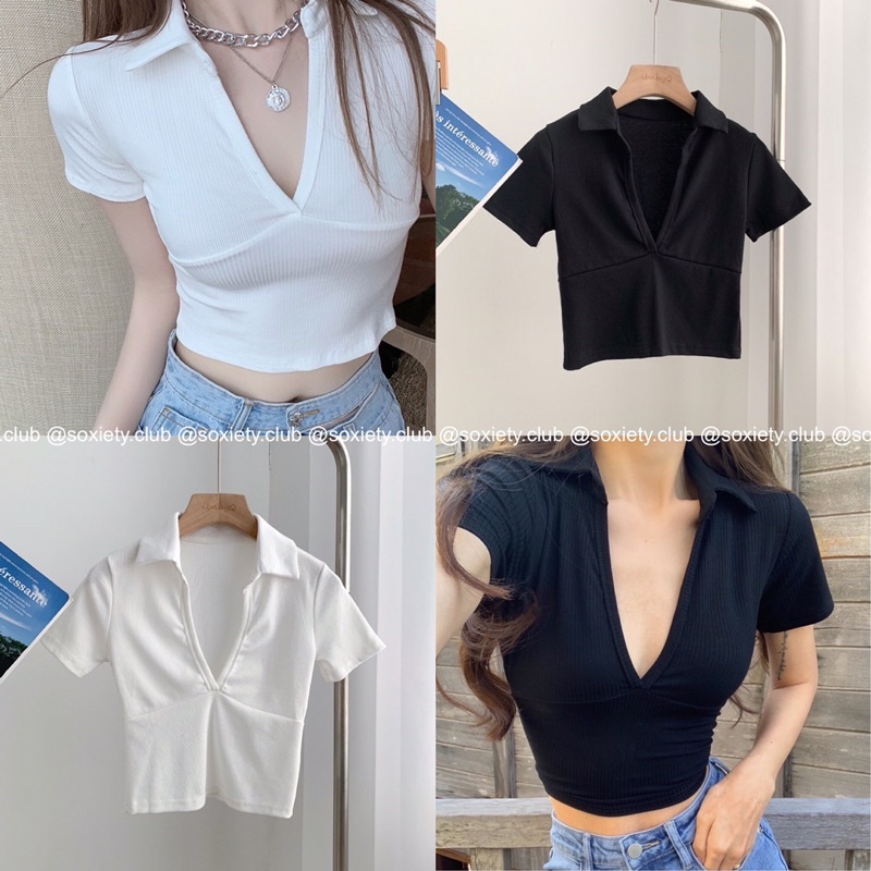 Croptop cổ bẻ khoét ngực 💕A35