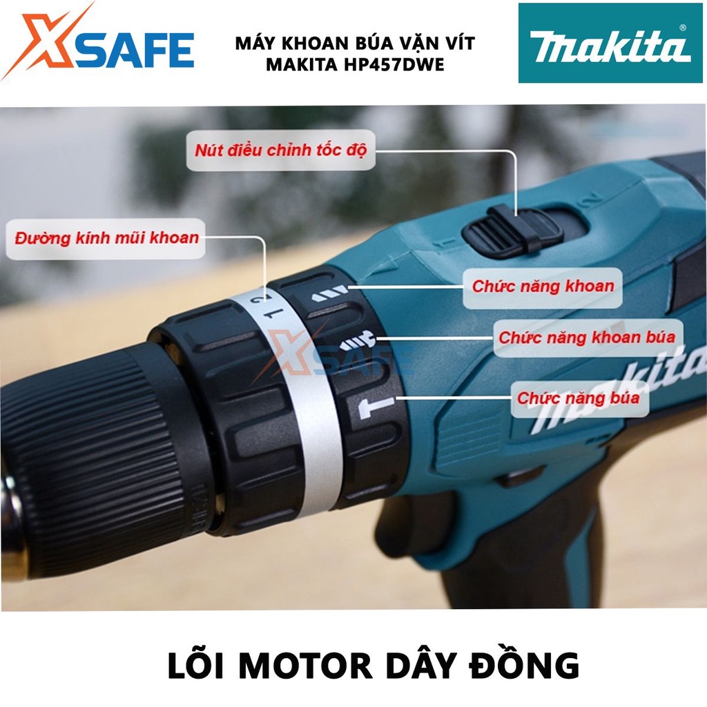 Máy khoan pin MAKITA HP457DWE 18V Máy khoan búa dùng pin chức năng đảo chiều tiện lợi, dùng khoan thép, gỗ - [XSAFE]