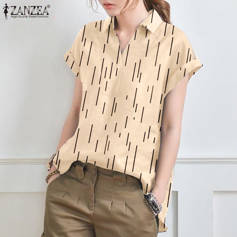 Áo sơ mi ZANZEA tay ngắn cổ bẻ in họa tiết kẻ sọc thời trang cho nữ