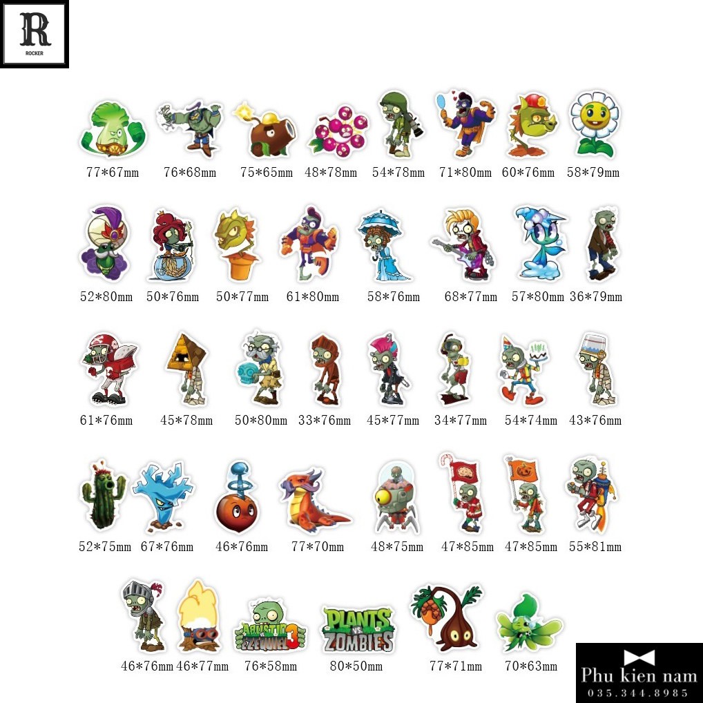 Sticker PVC Hoạt Hình Zombie Plants Cả bộ 100 hình ST071