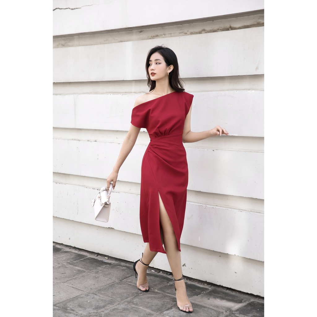 Đầm dài cổ lệch Oversized xếp nhún 1 bên eo tà trước xẻ hở [TY9] | BigBuy360 - bigbuy360.vn