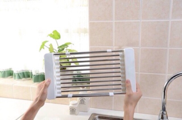 Kệ rổ inox để bồn rửa chén (điều chỉnh được độ dài) loại to hộp đỏ