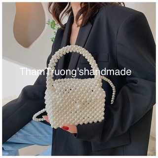 Túi xách tay hộp vuông kết hạt cườm giả ngọc trai handmade vintage