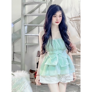 Set áo cúp ngực cột nơ phối quần short tafta