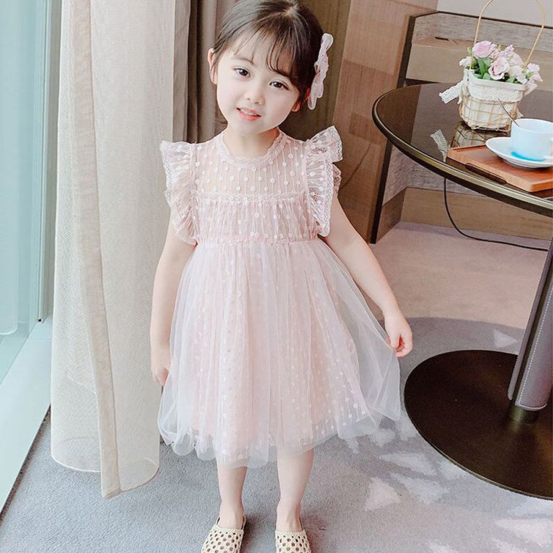 Đầm Lưới Tay Bay Mùa Hè Màu Sắc Trơn Phong Cách Phương Tây Cho Bé Gái