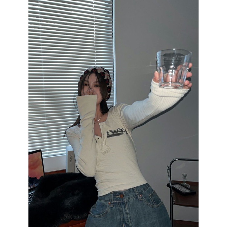 Áo Thun Lửng Tay Dài In Chữ Cái Mới