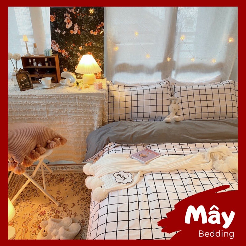 Bộ chăn ga gối Cotton Poly hoạ tiết caro trắng MÂY BEDDING đủ kích thước nệm