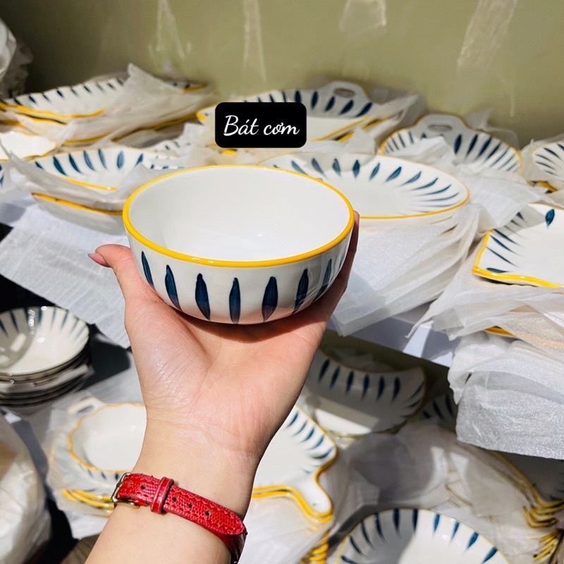 Bộ bát đĩa decor siêu đẹp set bát đĩa nhật hoạ tiết lá liễu 15 món