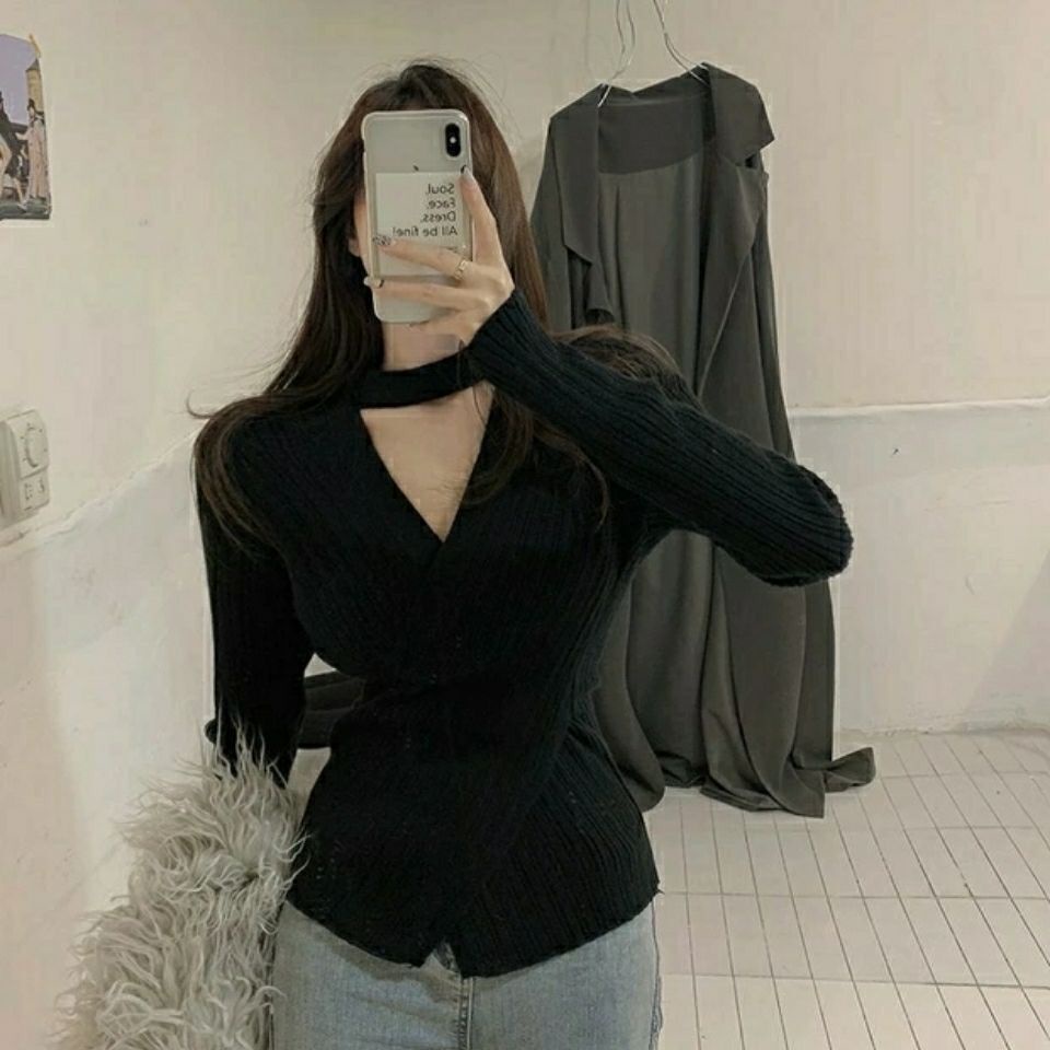 COZOK Áo sweater Tay Dài Cổ Chữ V Đan Chéo Thời Trang Cho Nữ