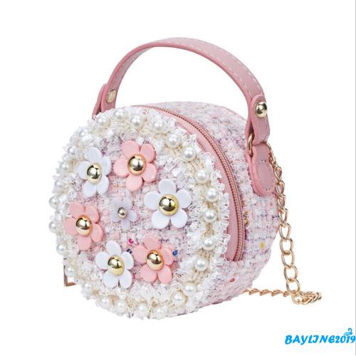 Túi xách đeo chéo vai hình tròn đính ngọc trai họa tiết hoa nhỏ xinh cho bé gái