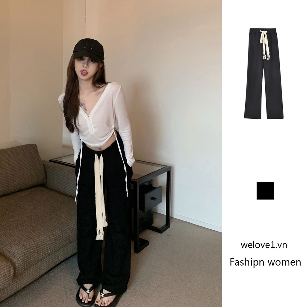 Quần dài dáng rộng ống thẳng xẻ tà phối dây rút thoải mái