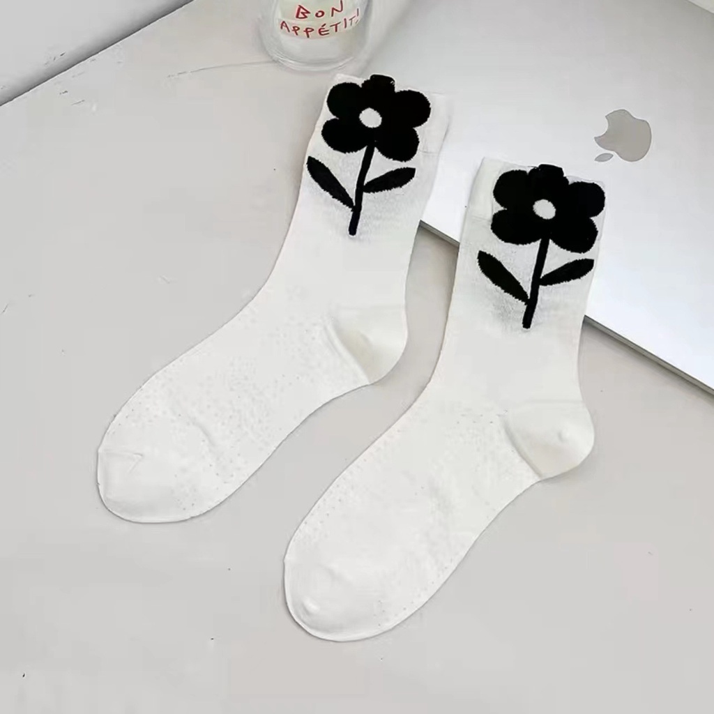 Vớ Cotton Mỏng Màu Trắng / Đen Họa Tiết Hoa Phong Cách Nhật Bản Thời Trang Xuân Hè Cho Nữ