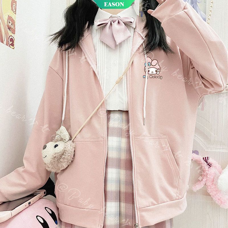 Áo Khoác Hoodie Tay Dài Dáng Rộng Phối Khóa Kéo In Hoạt Hình Sanrio Cinnamoroll Đáng Yêu Thời Trang Thu Đông Cho Nữ