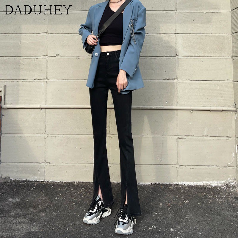 Daduhey Quần jean dài ống loe lưng cao màu đen phong cách Hàn Quốc thời trang mùa hè dành cho nữ 2021