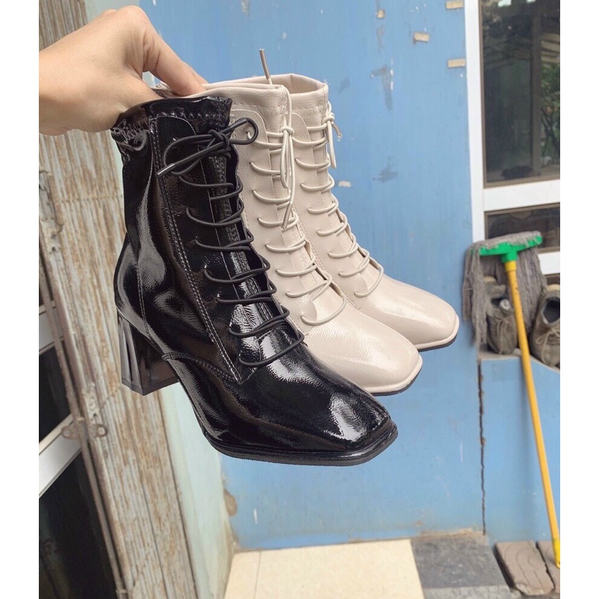 Bốt Dây Buộc Boot Nữ Cổ Cao Có Khoá Kéo Sau Bên trong lót Lông