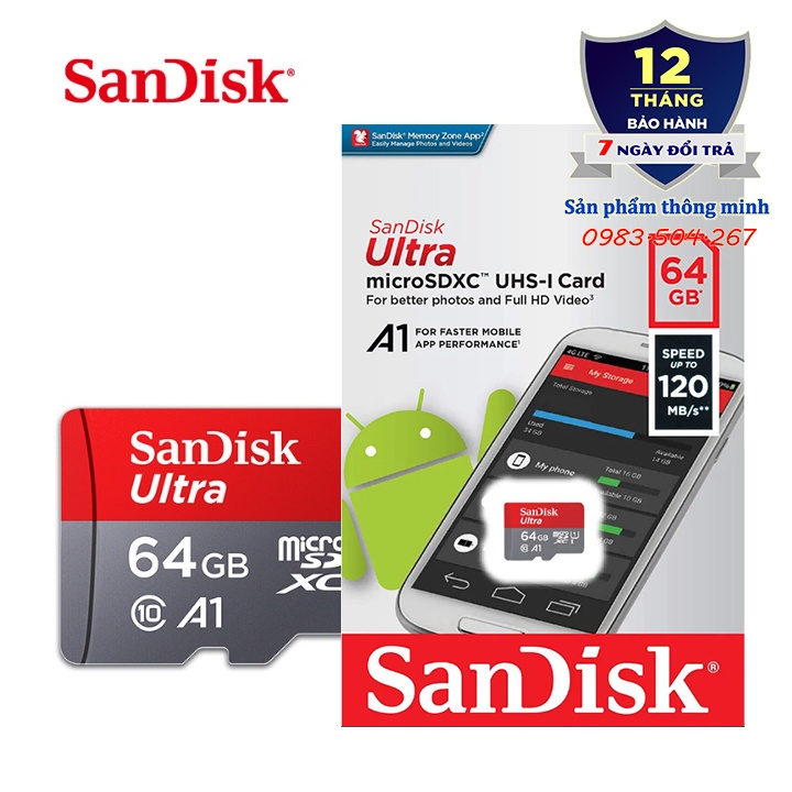 Thẻ nhớ MicroSDHC 16GB 32GB 64 GB SanDisk Ultra Class 10 A1 UHS-I 120M/s - Bảo hành 12 tháng