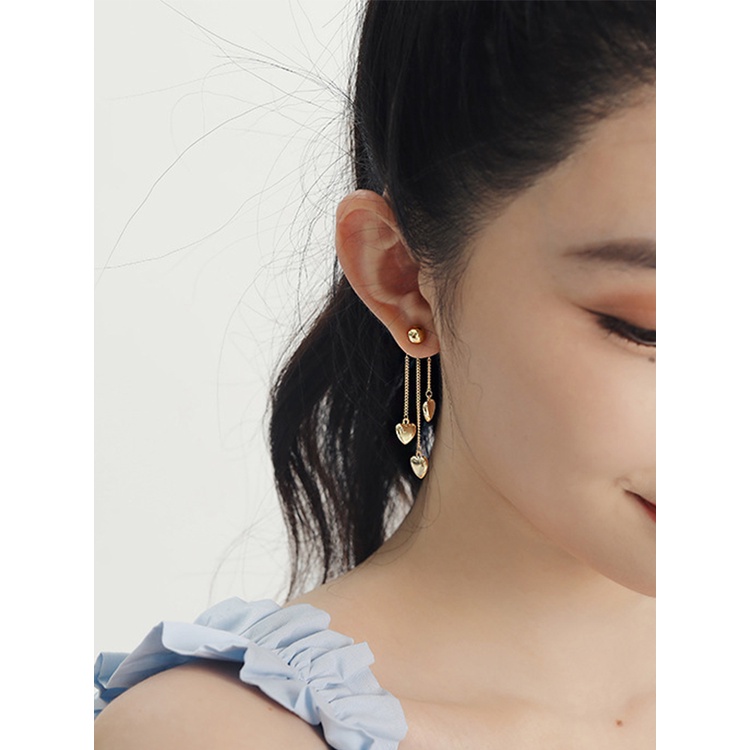 Khuyên Tai Bạc S925 Hình Trái Tim Dây Xích Treo Lưng Phong Cách Hàn Quốc Dành Cho Nữ