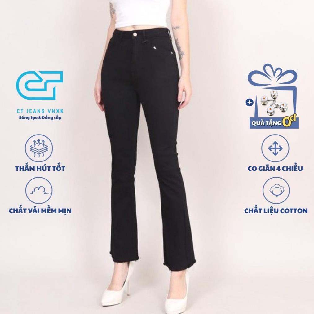 12.12 Quần Jeans Nữ Ống Loe Cạp Cao Co Giãn Đen Trắng Trơn Gấu Tua CT Jeans
