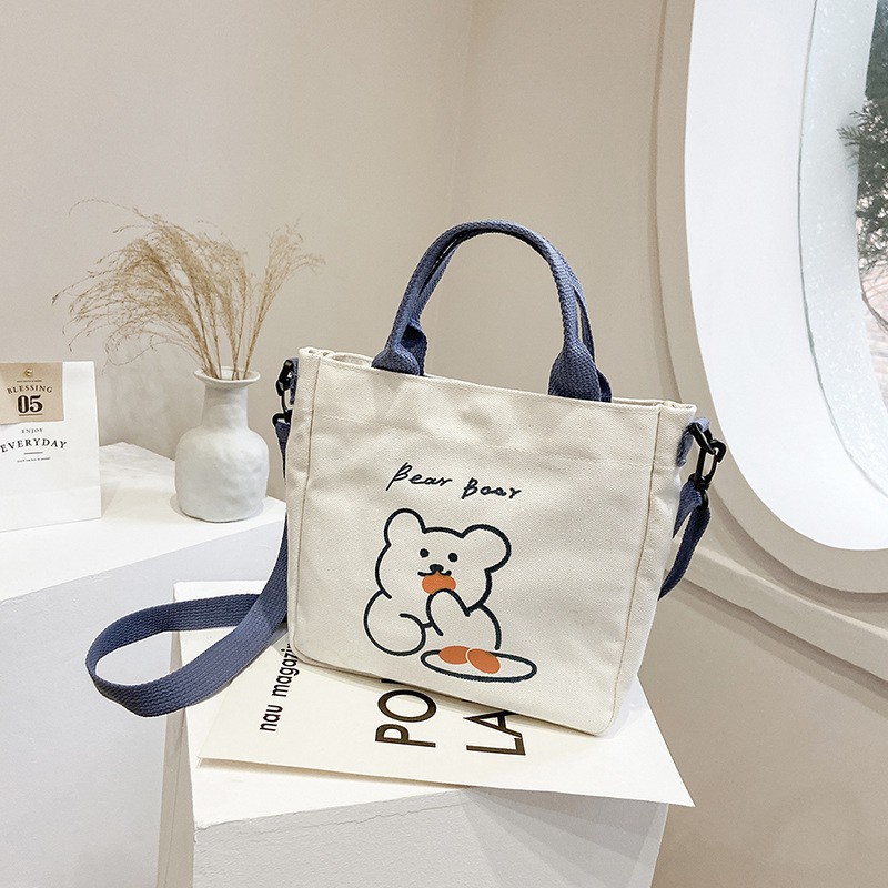 Túi Tote, Túi Vải Canvas Đeo Chéo Họa Tiết Gấu Dễ Thương Đi Chơi Du Lịch Phiên Bản Hàn Quốc