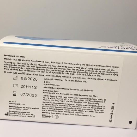 Đầu kim NovoFine 31G 6mm, vô trùng chuyên sử dụng cùng các loại bút tiêm Insulin  cho người tiểu đường. Meditest.