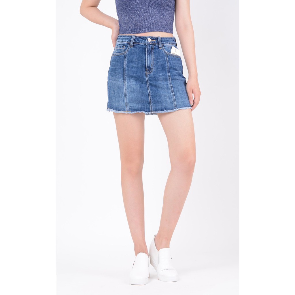Chân váy jean nữ có quần bên trong đẹp lưng cao cạp cao trơn gân gấu tua rua hàng hiệu cao cấp mã 411 VANIZEN