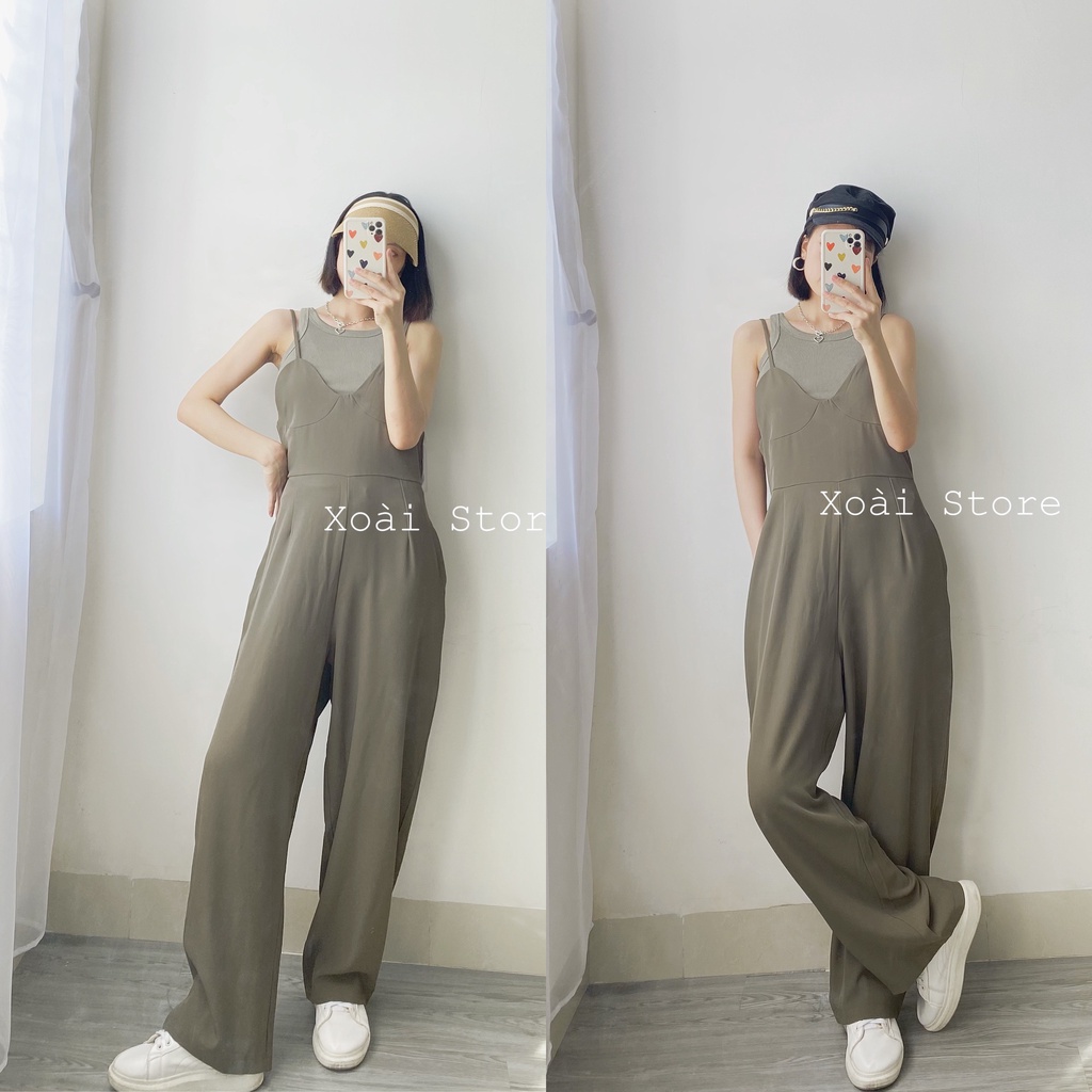 Jumpsuit 2 dây ống rộng,jump dài ống suông cá tính cho nữ màu xanh rêu/Áo ba lỗ nữ màu xanh rêu