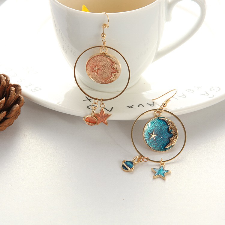 Cô gái Dreamlike Dangle dài Star &amp; Moon Earrings