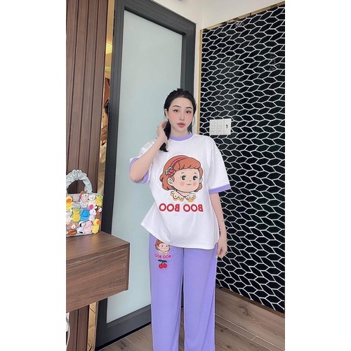 Set áo cotton bé boo phối viền tay cổ quần gân hình in túi - HN Closet
