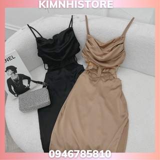 Đầm midi 2s cổ đổ xẻ đùi khoét eo